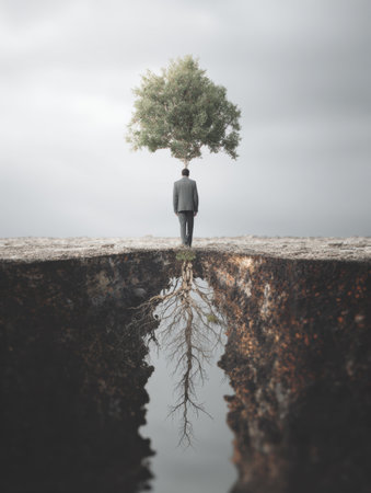 A person stands in formal attire amidst a surreal landscape featuring a tree growing from their head, representing grounding techniques for PTSD.の素材