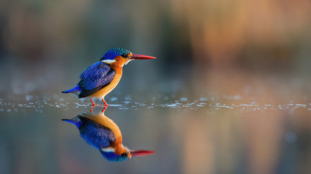 A malachite kingfisher perches quietly by the water, surrounded by soft light and calm reflections, showcasing vibrant colors in a tranquil setting.の素材