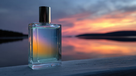 A clear perfume bottle with a minimalist design reflects the colors of a stunning sunset over a calm water body, creating a picturesque and serene atmosphere.の素材