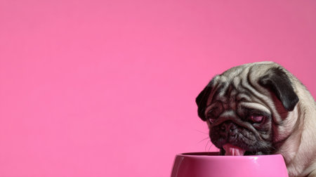 A pug joyfully licks a bowl against a vibrant pink backdrop, showing its playful nature in a bright indoor environment with unused space on the right.の素材