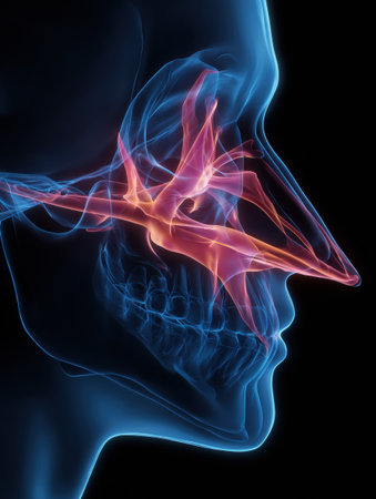 X-ray illustration highlights inflamed sinuses and anatomical features of the nasal cavity and surrounding structures in profile view.の素材