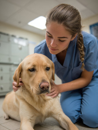 A veterinary assistant gently brushes a dogs coat in a softly lit room, preparing for a checkup in a calm and empty setting.の素材