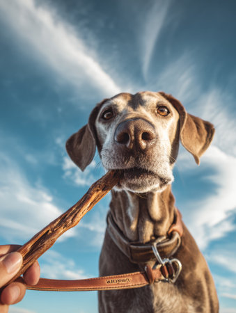 A person holds a natural dog chew in front of their dog, enjoying a sunny day outdoors with a bright blue sky and fluffy clouds above.の素材