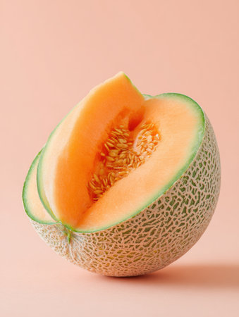 Brightly colored cantaloupe half displays its juicy orange flesh and seeds against a soft pastel background, highlighting a fresh and appetizing look.の素材
