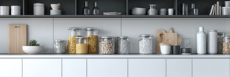 Sleek modern kitchen features a shelf filled with various cat food containers alongside organized kitchen items, creating a tidy and stylish ambiance.の素材