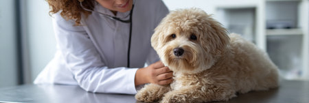 Veterinary assistant carefully brushes a dogs coat in a softly lit veterinary clinic, ensuring the pet is comfortable before its health check.の素材