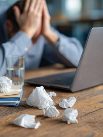 Individual struggling to work remotely while sick, with tissues scattered around and a focused gaze on the laptop, clearly feeling overwhelmed.の素材