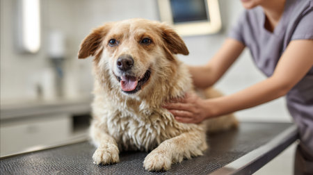 A veterinary assistant gently brushes a dogの素材