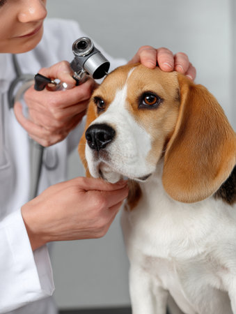 A veterinarian is carefully checking a beagle dogs ears with an otoscope while providing attentive care in a veterinary clinic during a routine examination.の素材