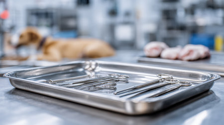 A sterile tray displays various modern veterinary instruments while a blurred dog rests in the background, highlighting a clinical atmosphere.の素材