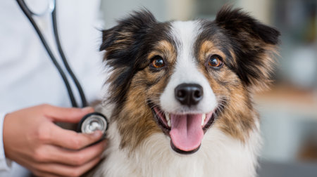 In a friendly veterinary clinic, a joyful dog is being examined by a veterinarian who holds a stethoscope, emphasizing a caring atmosphere and health check.の素材