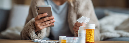 Person is using a telemedicine app on their phone to seek guidance for flu symptoms while holding medication in a comfortable living space.の素材