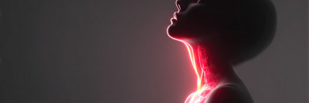 Visual representation of a sore throat featuring an illuminated throat area against a simple background, emphasizing anatomical details and discomfort.の素材