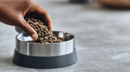 Hand of a pet owner pouring dry food into a stylish pet bowl placed on a contemporary countertop, highlighting a moment of pet care and attention.の素材
