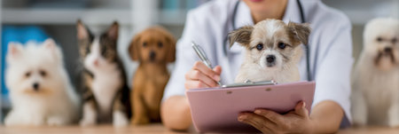 Veterinary woman reviews patient files and notes while surrounded by playful pet models in a welcoming clinic environment during daytime.の素材