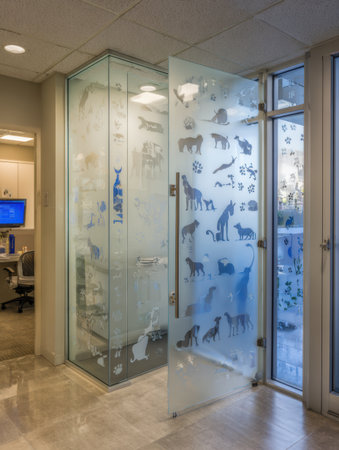 Entrance to a vet office featuring a transparent door decorated with pet icons, creating an inviting atmosphere for pet owners and their animals.の素材