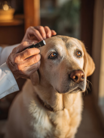 Veterinarian carefully checks a dogs eyes with an examination tool, surrounded by warm light that creates a calm and inviting clinic environment.の素材