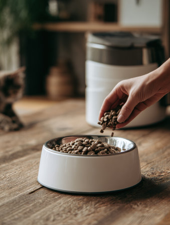 Hand of a pet owner adds dry food to a stylish pet bowl on a wooden surface, as a cat observes the feeding process from a distance.の素材
