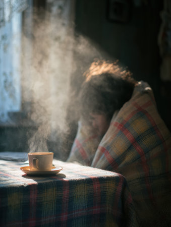 A person feels unwell, wrapped in a warm plaid blanket, with a steaming cup of tea placed on a table nearby, suggesting comfort and rest.の素材