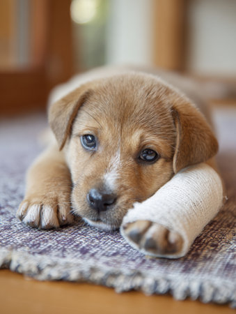 A young puppy with a broken paw in a cast rests comfortably on a soft mat indoors, showing signs of recovery and tranquility in the warm light.の素材
