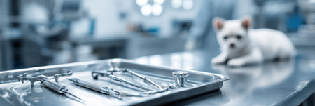 A sterile tray holds modern veterinary instruments while a blurred animal rests in the background of a clean, well-lit clinic environment.の素材