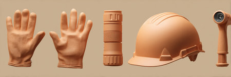 Collection of safety equipment includes a helmet, gloves, and flashlight in a unique clay style, ideal for construction and outdoor activitiesの素材