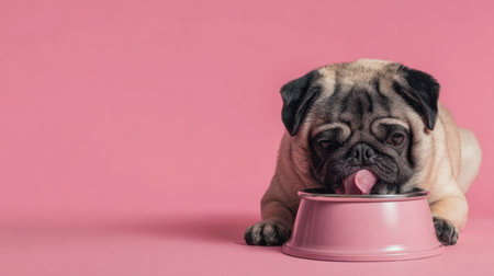 A pug happily licks its bowl on a soft pink background, showing the dogs playful nature and the bowls vibrant color, evoking a cheerful ambiance.の素材