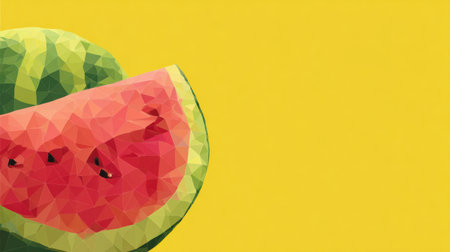 Bright polygonal watermelon graphic set against a sunny yellow background, perfect for summer-themed designs and bright color palettes.の素材