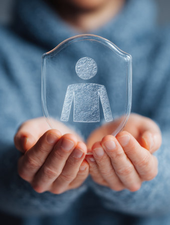 A person holds a transparent shield with an outline of a figure, representing the concept of mental safety and protection in a cozy indoor environment.の素材