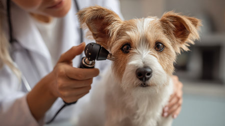 Veterinarian carefully inspects a dogs left ear using an otoscope in a clean and bright clinic environment, ensuring the pets health and well-being.の素材