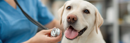 Vet holds stethoscope while checking a cheerful dog in a welcoming clinic environment. The interaction reflects care and professionalism for animal health.の素材