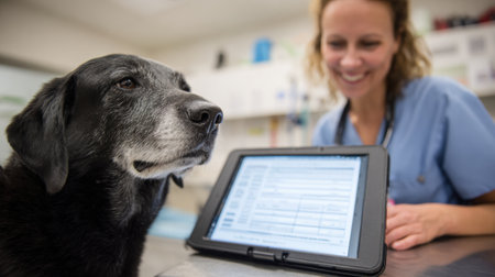 Veterinarian focuses on tablet to input exam details while a canine patient sits beside her, showcasing a caring environment in a veterinary clinic.の素材