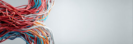 Cables are intertwined and gradually transitioning into neat connections against a minimal background, highlighting the transformation process.の素材