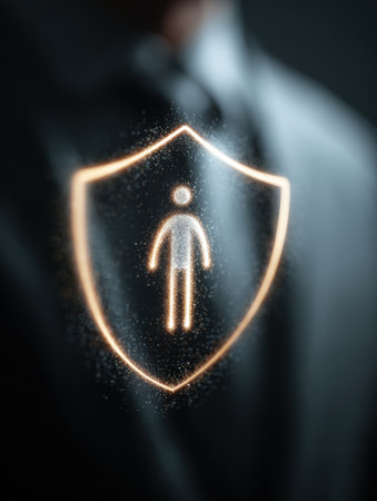 Visual representation of a protective shield surrounding a person, highlighting the importance of mental safety and personal well-being in a serene atmosphereの素材