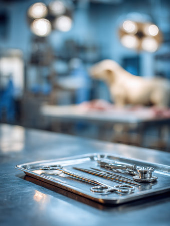 Sterile tray holds modern vet instruments while a blurred animal stands ready for medical care in a clean, professional veterinary environmentの素材
