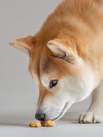 A Shiba Inu intently sniffs dry food, showing its curiosity. The light highlights the dogs features against a neutral backdrop.の素材