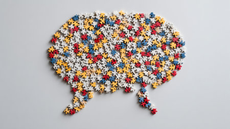 Puzzle pieces are arranged to form a speech bubble symbolizing teamwork and communication. Colors include red, yellow, and blue against a clean background.の素材