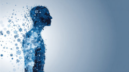 Cold symptoms are illustrated through a human silhouette, showing the effects of illness while maintaining a clear upper area for focus and understanding.の素材