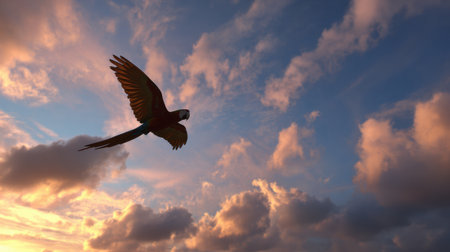 A macaw gracefully flies across a colorful sunset sky, wings wide open, illuminating the atmosphere with warmth and beauty amidst soft clouds.の素材
