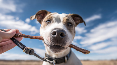Owner holds a natural dog chew engaging the pet in a cheerful outdoor setting with a clear blue sky above while the dog eagerly anticipates its treat.の素材