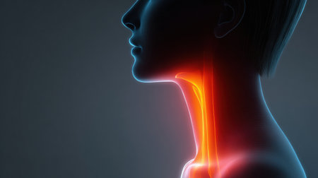 Highlighted throat area demonstrates a glowing effect to symbolize soreness, set against a clean, simple backdrop for enhanced focus on the subject.の素材