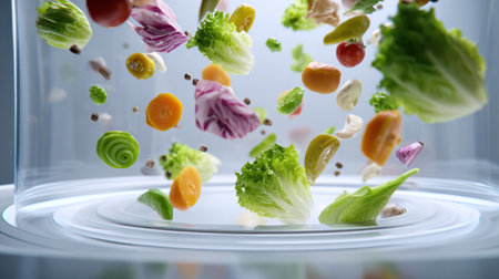 Fresh salad ingredients hover mysteriously in mid-air, showcasing a vibrant and colorful assortment in a pristine, modern settingの素材