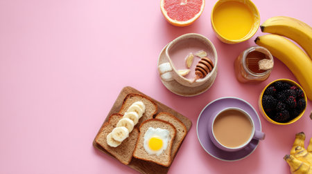 A colorful breakfast arrangement for pets includes toast with egg, fresh fruits, honey, and a warm beverage, all placed on a light pink surface.の素材
