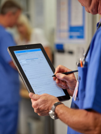 Veterinarian focuses on entering patient exam information on a tablet, collaborating with a veterinary team in a clinical setting.の素材