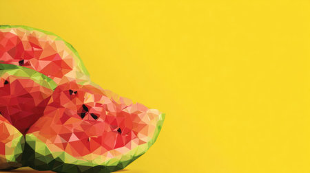 Colorful polygonal watermelon slices displayed against a vibrant sunny yellow background, enhancing the freshness and summer vibes of the fruit design.の素材
