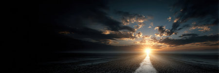 Pathway leading towards a bright horizon signifies the journey of PTSD recovery, highlighting themes of hope and resilience amidst darkness.の素材