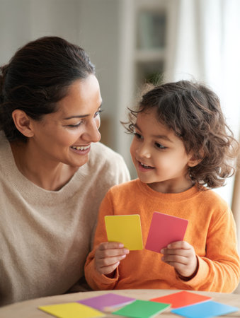 A parent and child happily communicate using colorful picture cards, creating a warm atmosphere in a bright, inviting indoor space during the day.の素材