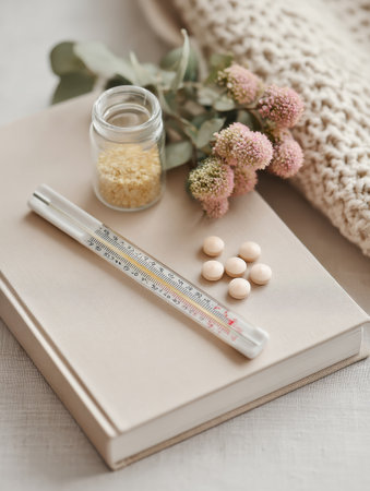 A calming features display a thermometer, herbal pills, and a wellness book, enhanced by soothing natural elements for holistic health.の素材