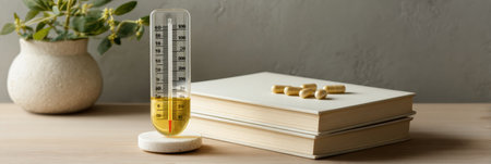 Thermometer and herbal pills are arranged next to a wellness book on a light-toned surface, emphasizing health and self-care in a serene setting.の素材