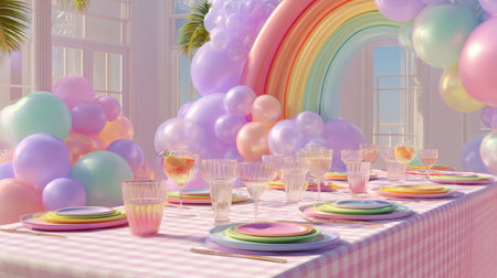 A vibrant pride month celebration party table is set with colorful plates and glasses, adorned with pastel balloons and a cheerful rainbow backdrop.の素材